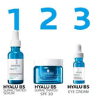 Three La Roche-Posay Hyalu B5 skincare products with corresponding numbers on a white background.