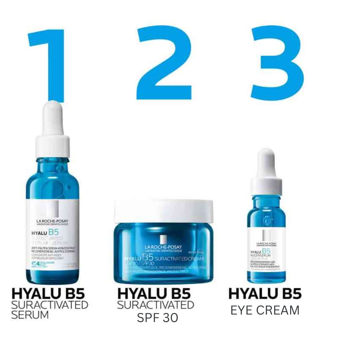 Three La Roche-Posay Hyalu B5 skincare products with corresponding numbers on a white background.