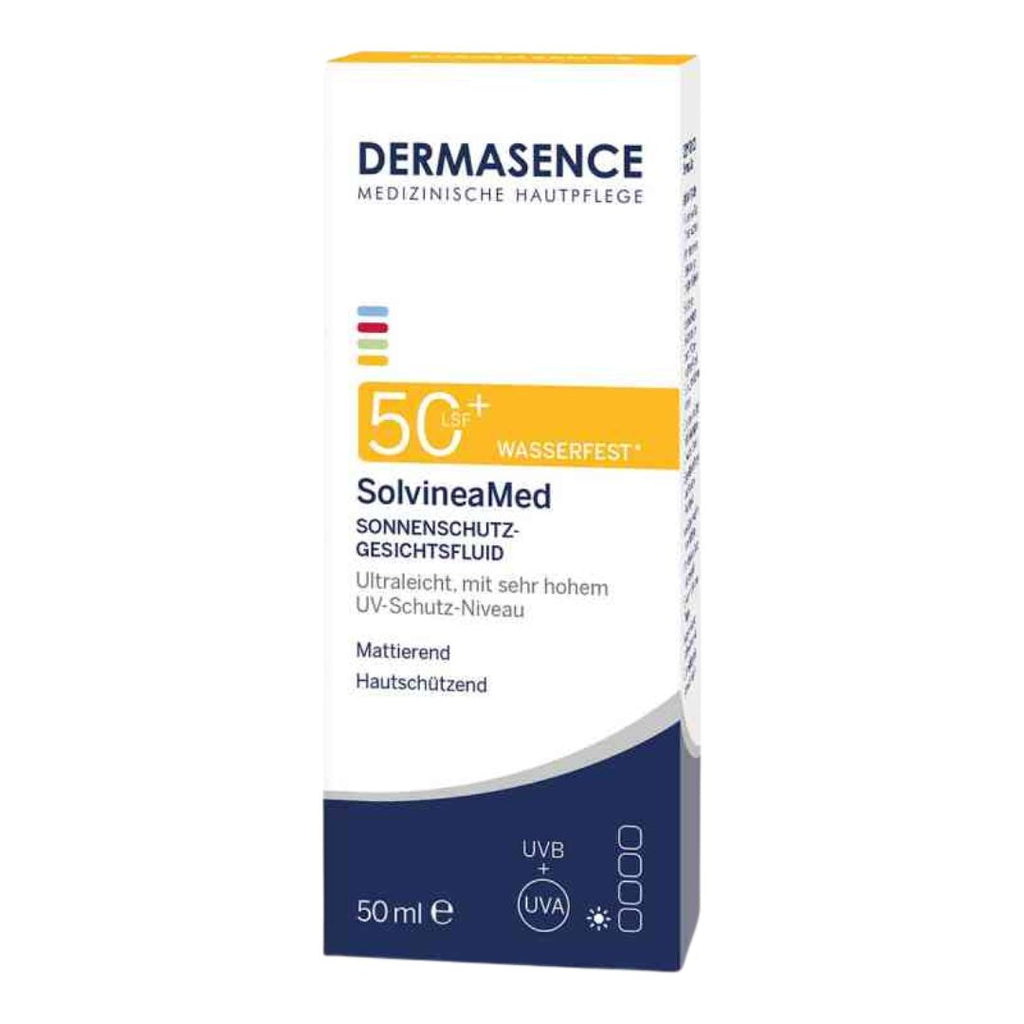 Dermasence SolvineaMed sunscreen packaging on a white background