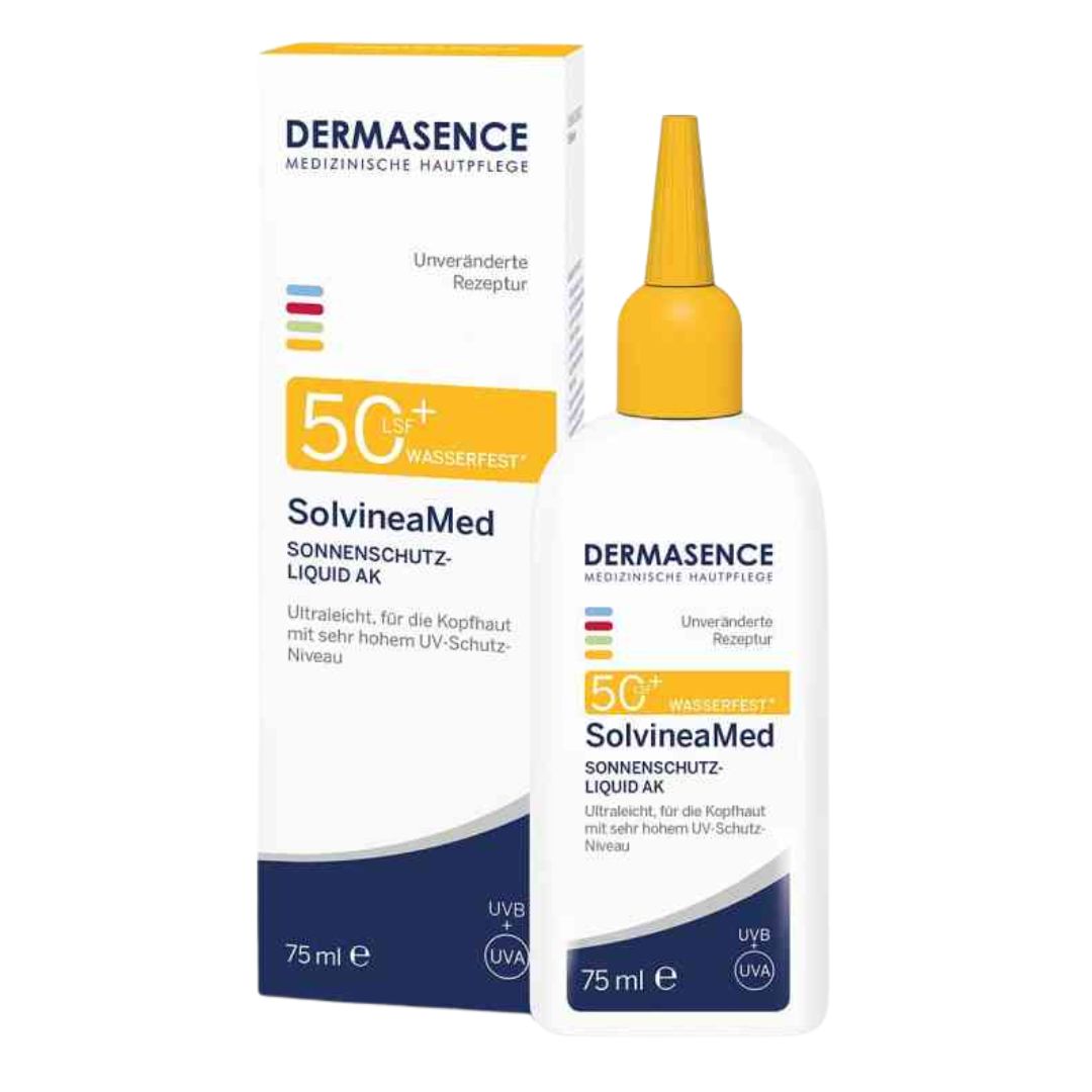 Dermasence SolvineaMed sun protection liquid with packaging on a white background
