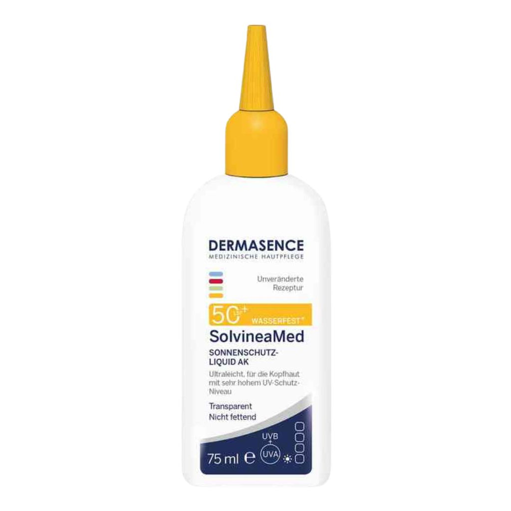 Dermasence SolvineaMed sunscreen liquid bottle with yellow cap on a white background