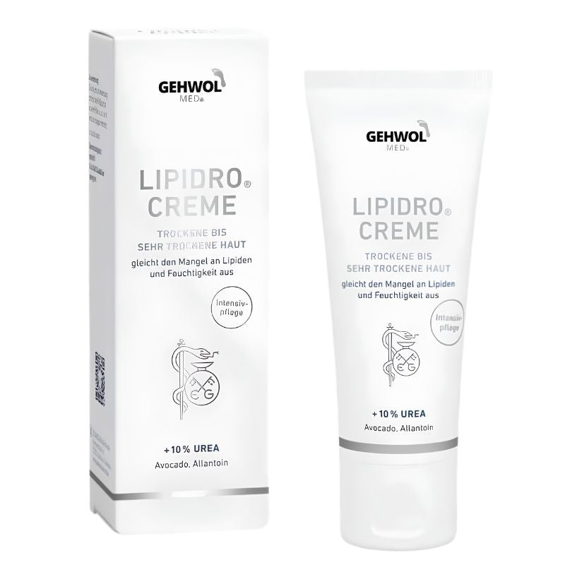 Gehwol Lipidro Creme +10% Urea skincare product shown with its white retail box and matching squeeze tube on a clean white background.