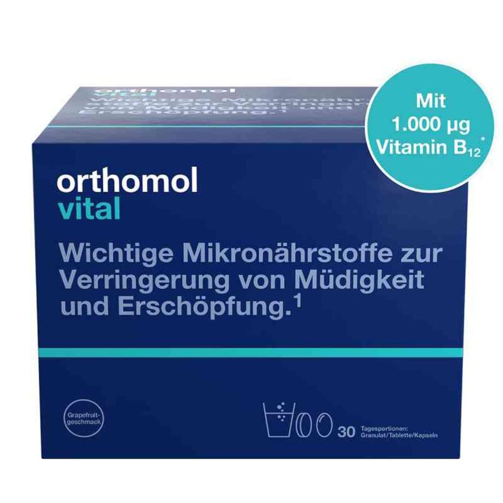 Orthomol vital supplement box with vitamin B12 information on a white background