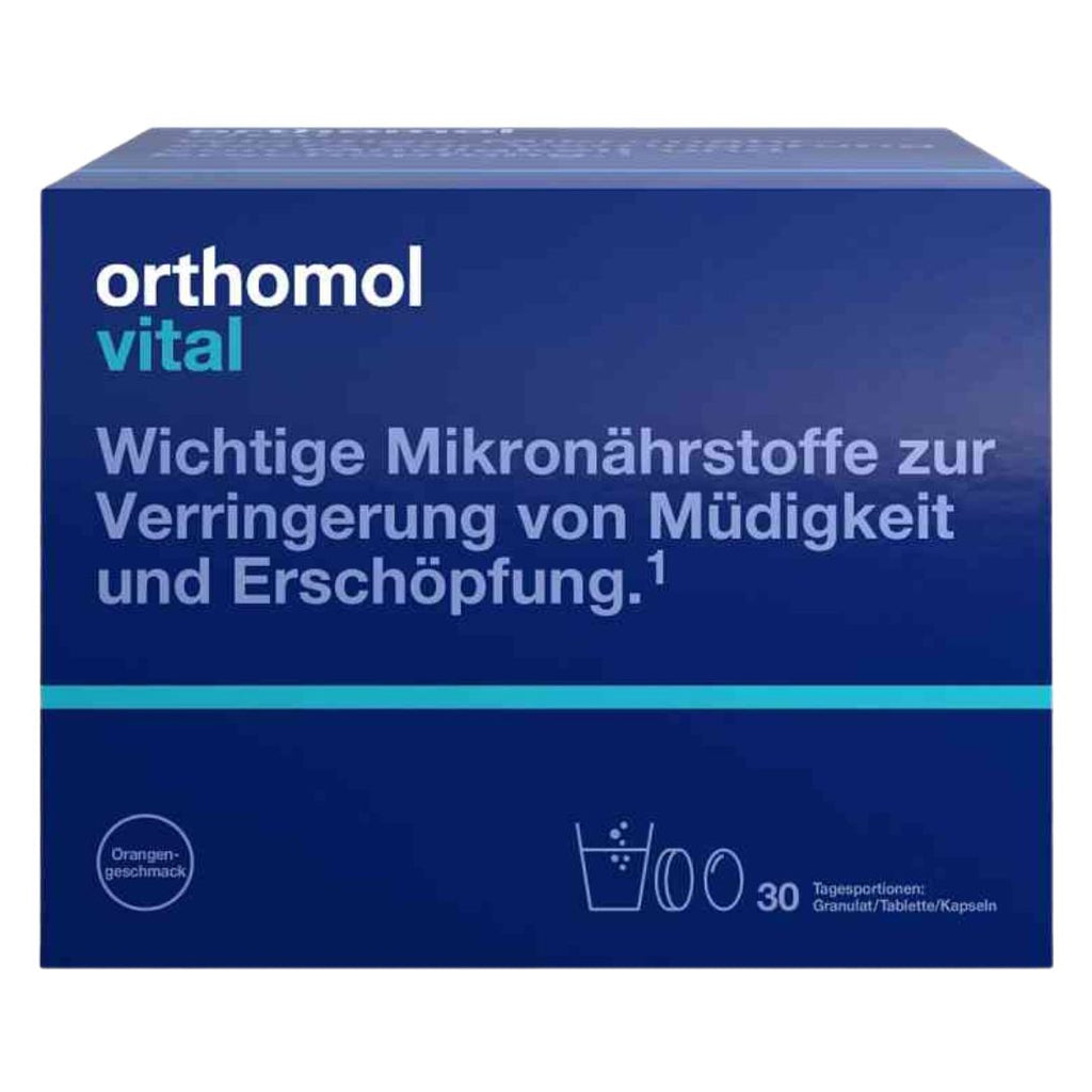 Orthomol vital supplement box with blue background and white text