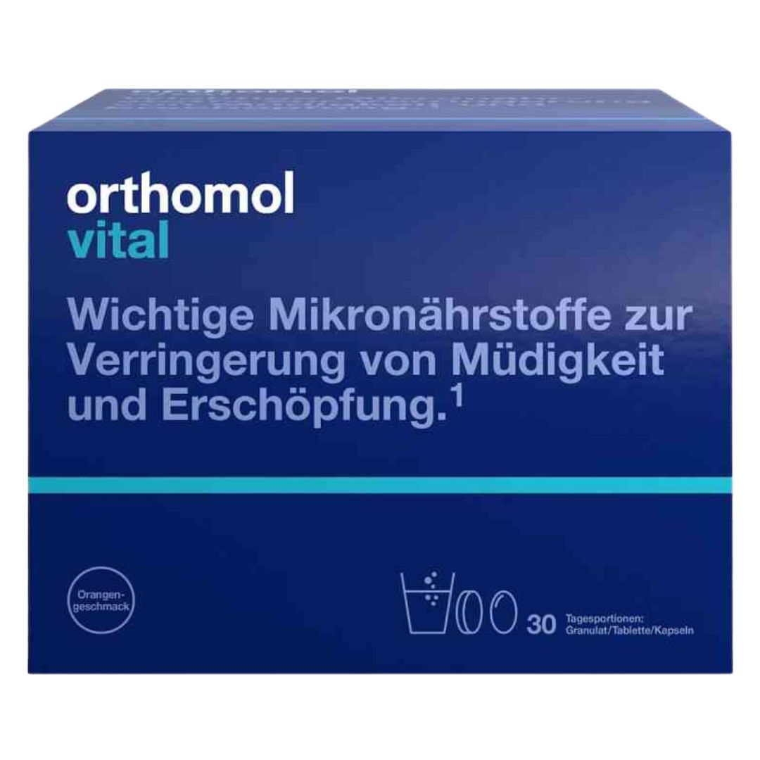 Orthomol vital supplement box with blue background and white text