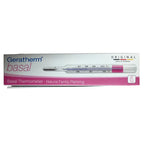 Geratherm basal basal thermometer in its original retail packaging, featuring a pink and white box with a graphic of the glass thermometer inside.