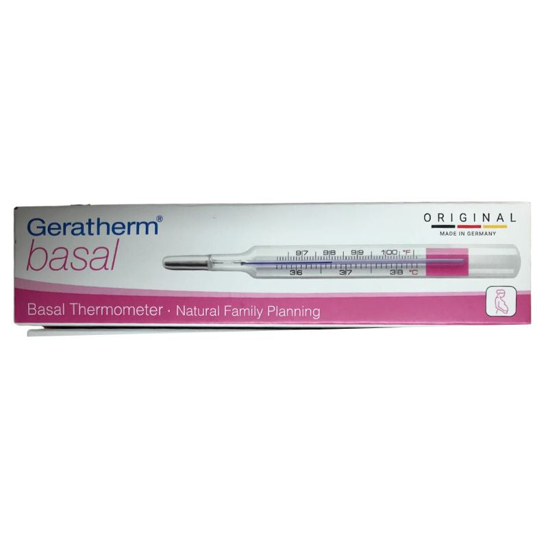 Geratherm basal basal thermometer in its original retail packaging, featuring a pink and white box with a graphic of the glass thermometer inside.