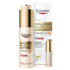 Eucerin Hyaluron-Filler + Elasticity anti-age medical skincare pump bottle and its retail box, featuring a cream-colored bottle with a metallic gold cap and a white box with gold and red accents.