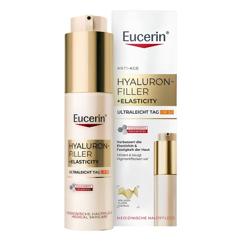 Eucerin Hyaluron-Filler + Elasticity anti-age medical skincare pump bottle and its retail box, featuring a cream-colored bottle with a metallic gold cap and a white box with gold and red accents.