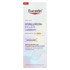 A tall rectangular box of Eucerin Hyaluron-Filler + Longevity anti-aging cosmetic treatment, shown against a plain white background. The packaging is primarily white with a red Eucerin logo, a red 'NEU' label at the top, and a subtle iridescent gradient design on the lower half.