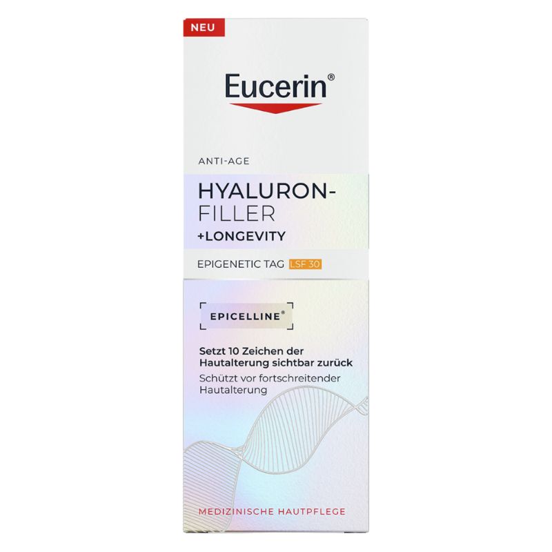 A tall rectangular box of Eucerin Hyaluron-Filler + Longevity anti-aging cosmetic treatment, shown against a plain white background. The packaging is primarily white with a red Eucerin logo, a red 'NEU' label at the top, and a subtle iridescent gradient design on the lower half.