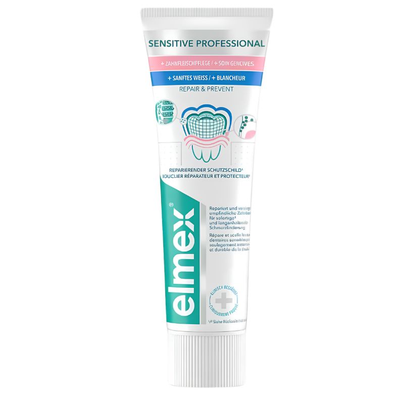 A tube of Elmex Sensitive Professional toothpaste on a plain white background.