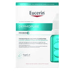 Eucerin Dermopure Clinical Probiom8 probiotic hair care routine box with a white and teal design and a bottle of serum shown on the right side.