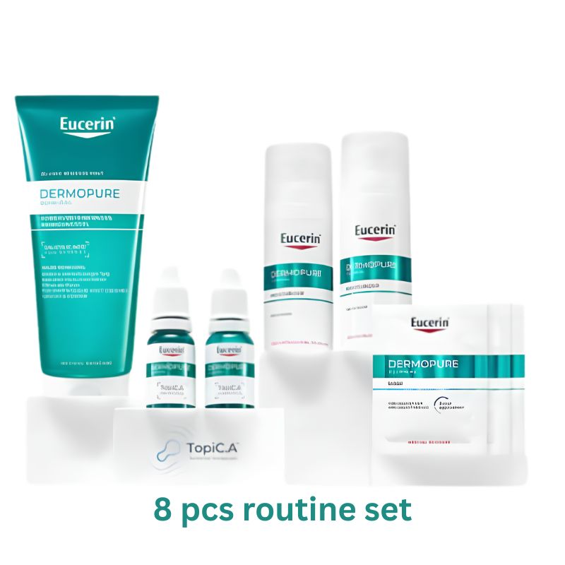 A 8-piece Eucerin Dermopure skincare routine set arranged on white display blocks against a white background, with the text '8 pcs routine set' below. The set includes a large teal and white treatment tube, several white bottles and tubes, and a small jar, with the Eucerin brand name clearly visible.