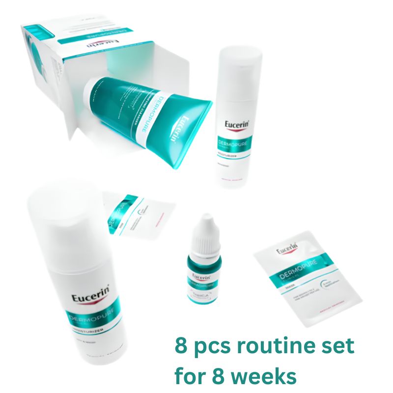 Eucerin skincare routine set containing 8 pieces, including a cream tube, a treatment spray bottle, a serum dropper bottle, a cream bottle, a box, a sachet, and a small packet, displayed on a white background with the text '8 pcs routine set for 8 weeks'.