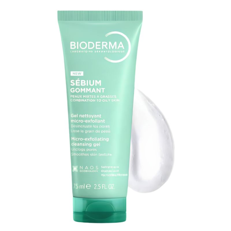 Bioderma Sébium Gommant micro-exfoliating cleansing gel in a mint green squeeze tube, shown with a translucent gel droplet on a white background.