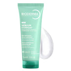 Bioderma Sébium Gommant micro-exfoliating cleansing gel in a mint green squeeze tube, shown with a translucent gel droplet on a white background.