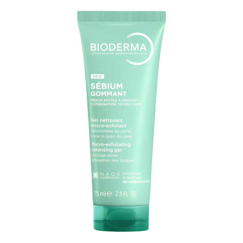 Bioderma Sébium Gommant Micro-exfoliating Cleansing Gel in a 75ml squeeze tube, featuring a mint green and teal design with white text, on a solid white background.