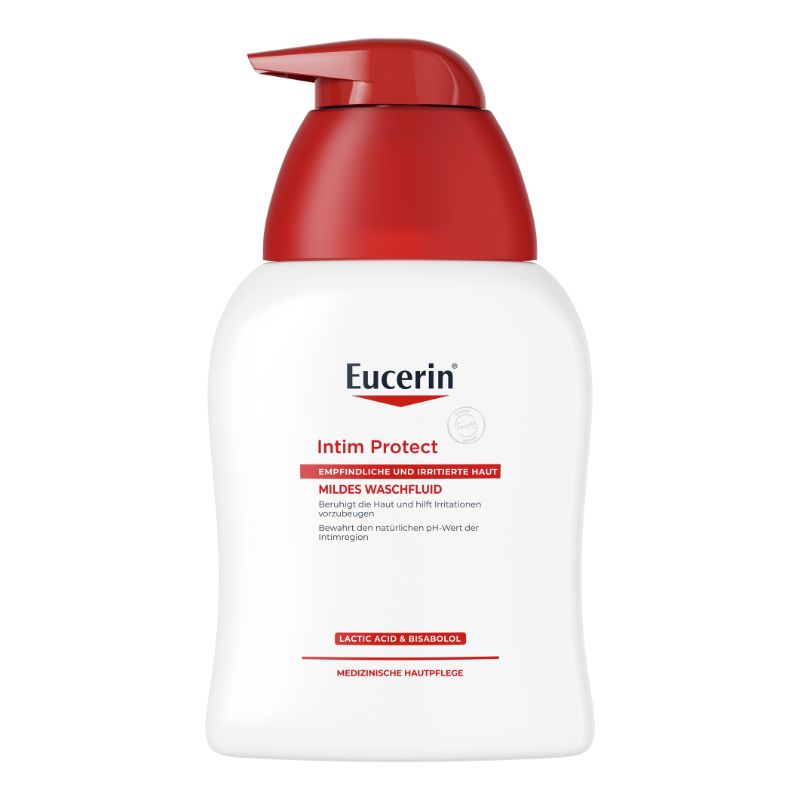 A white bottle of Eucerin Intim Protect mild body wash with a red pump dispenser, shown on a plain white background.