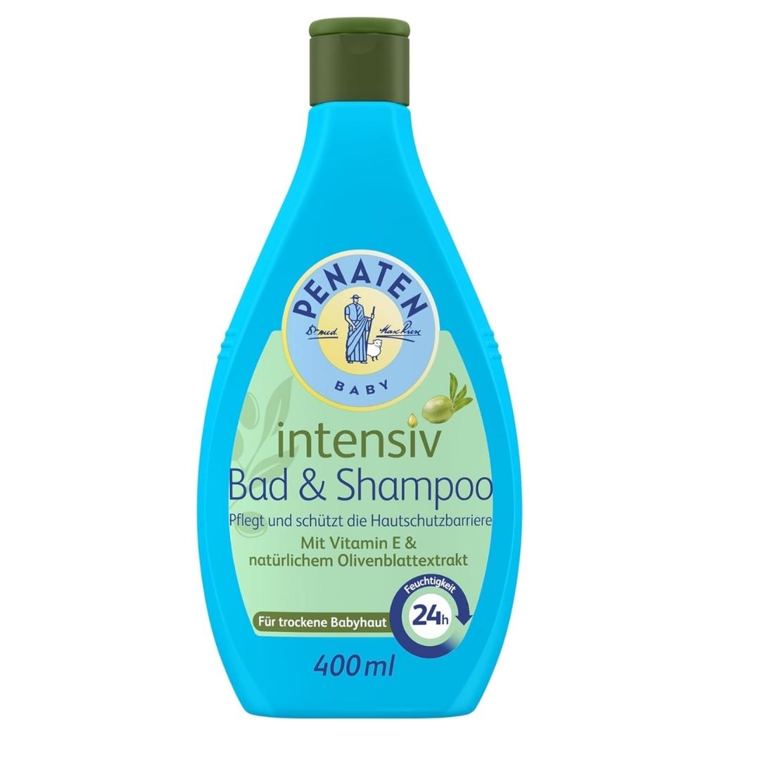 Blue bottle of Penaten Baby intensive bath and shampoo on a white background