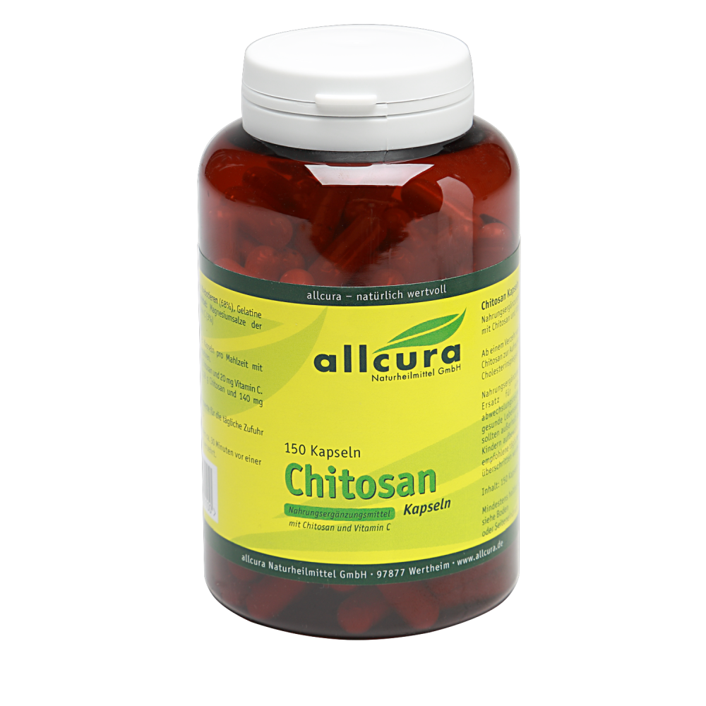 Dietary supplement with chitosan and vitamin C and A. Daily consumption of 3 g of chitosan contributes to the maintenance of normal blood cholesterol levels.