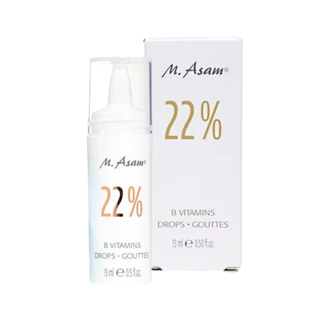 M Asam 22% B Vitamins Drops is highly concentrated serum, containing a combination of skin-strengthening vitamin B7, skin-optimizing vitamin B3 and skin-moisturizing vitamin B5 for elasticity and firmness of the skin 