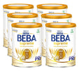 A pack of six BEBA Supreme baby formula cans, each containing 800g of powder. The cans are yellow and white with the BEBA logo and product information printed on them.