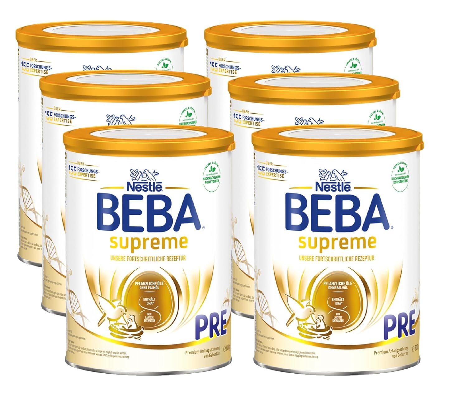 A pack of six BEBA Supreme baby formula cans, each containing 800g of powder. The cans are yellow and white with the BEBA logo and product information printed on them.