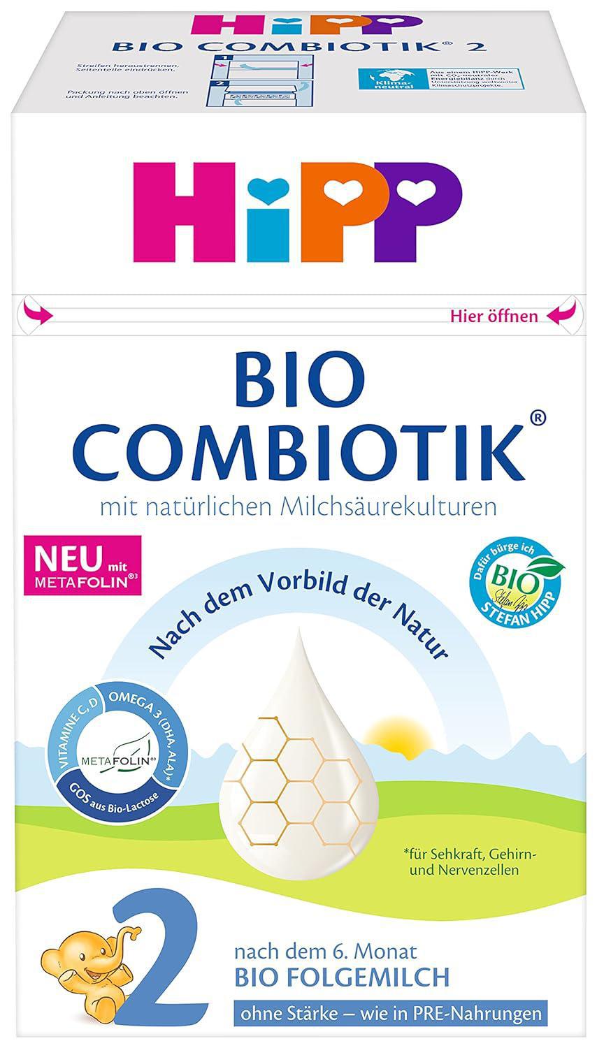 Packaging for Hipp Bio Combiotik follow-on milk for babies over 6 months, 600g with 2 bio-fold doses per package.