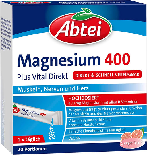 Abtei Magnesium 400 Vitamin B-complex Granules is a dietary supplement with magnesium and vitamins B 1 , B 2 , niacin, pantothenic acid, B 6 , folic acid, B 12 and biotin. For performance, energy, healthy muscles and strong nerves when they are particularly in demand during sport, physical exertion or in stressful situations.