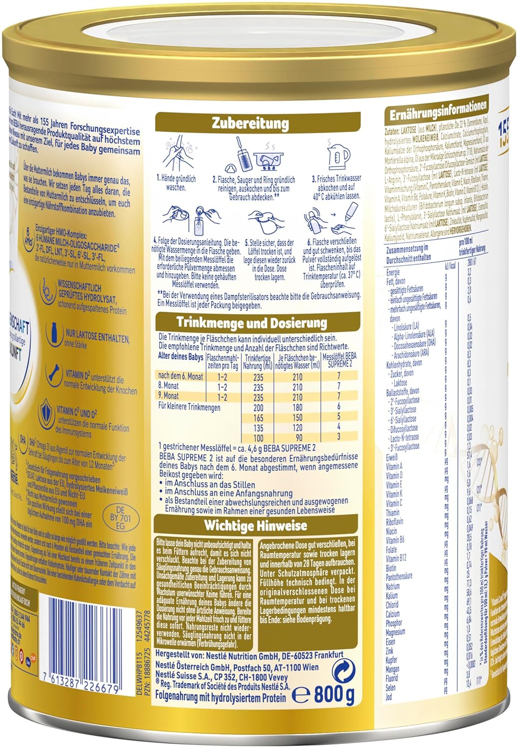 Back of the baby milk formula box, showing preparation instructions and nutritional values