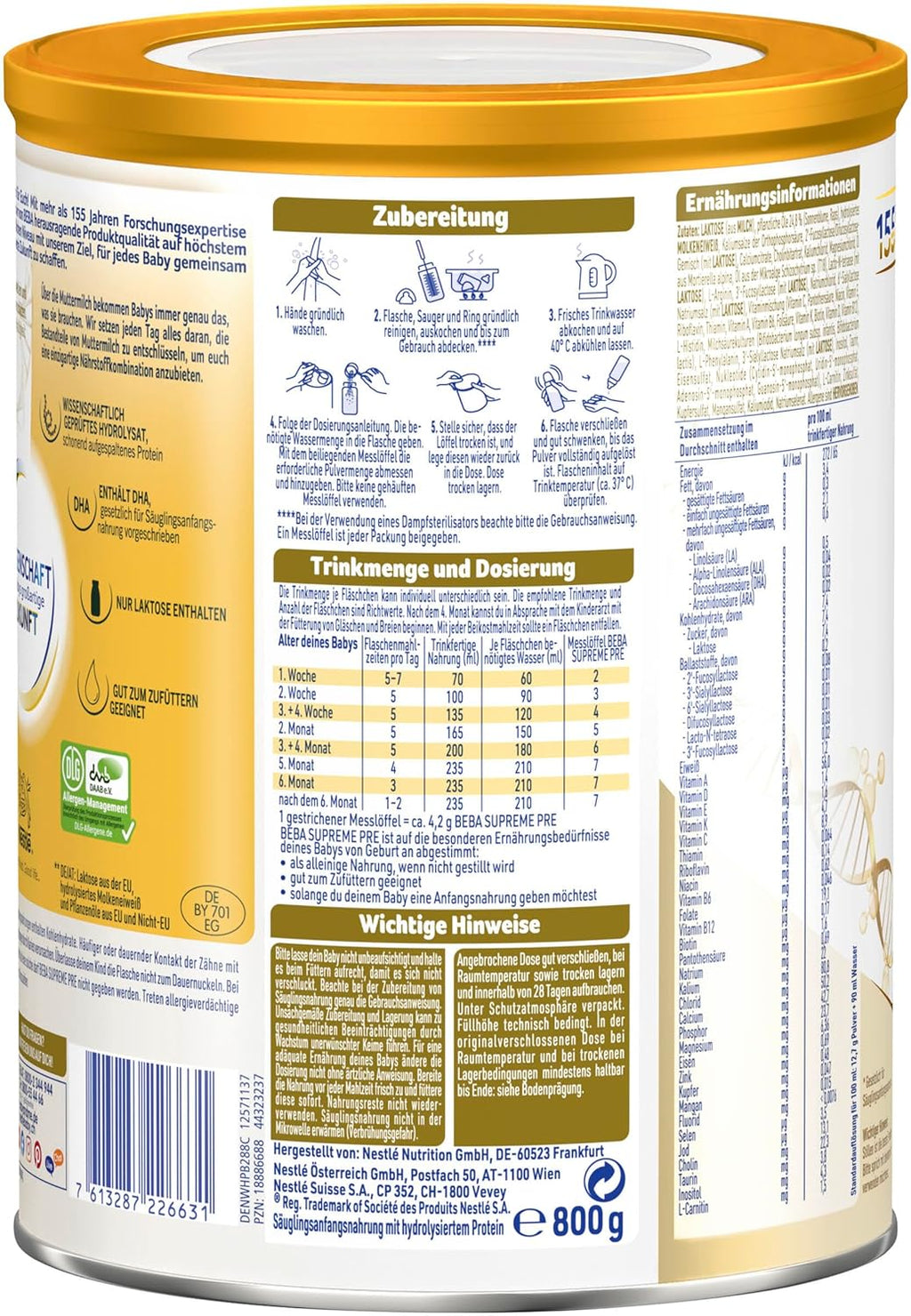 BEBA Supreme Pre Baby Formula Initial Milk (after birth) - Pack of 6 x 800g