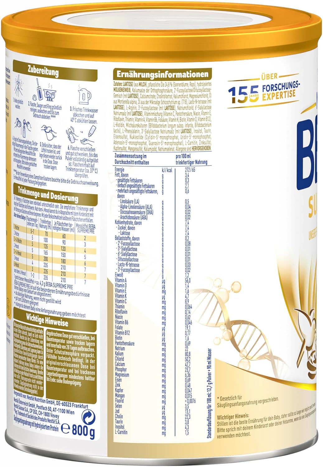 Beba Supreme Pre Baby Formule Initiële melk (na de geboorte) - Pakket van 6 x 800 g