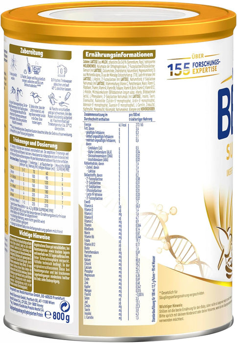 BEBA Supreme Pre Baby Formula Initial Milk (after birth) - Pack of 6 x 800g