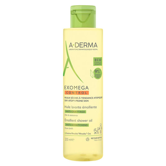 A-Derma Exomega Control Softening Shower Oil – Highly compatible plant-based and nourishing cleansing without soap, especially developed for skin prone to neurodermatitis.