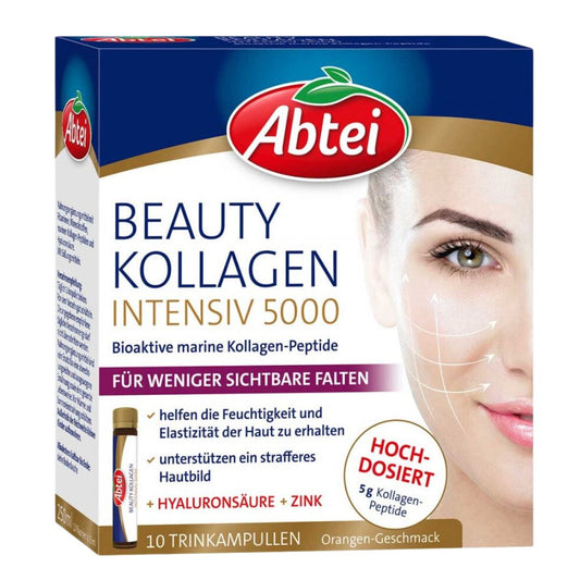 Abtei Beauty Collagen Intensive 5000 offers marine collagen peptides &amp; hyaluronic acid for supporting skin elasticity &amp; moisture, reducing wrinkles &amp; giving a firmer complexion.