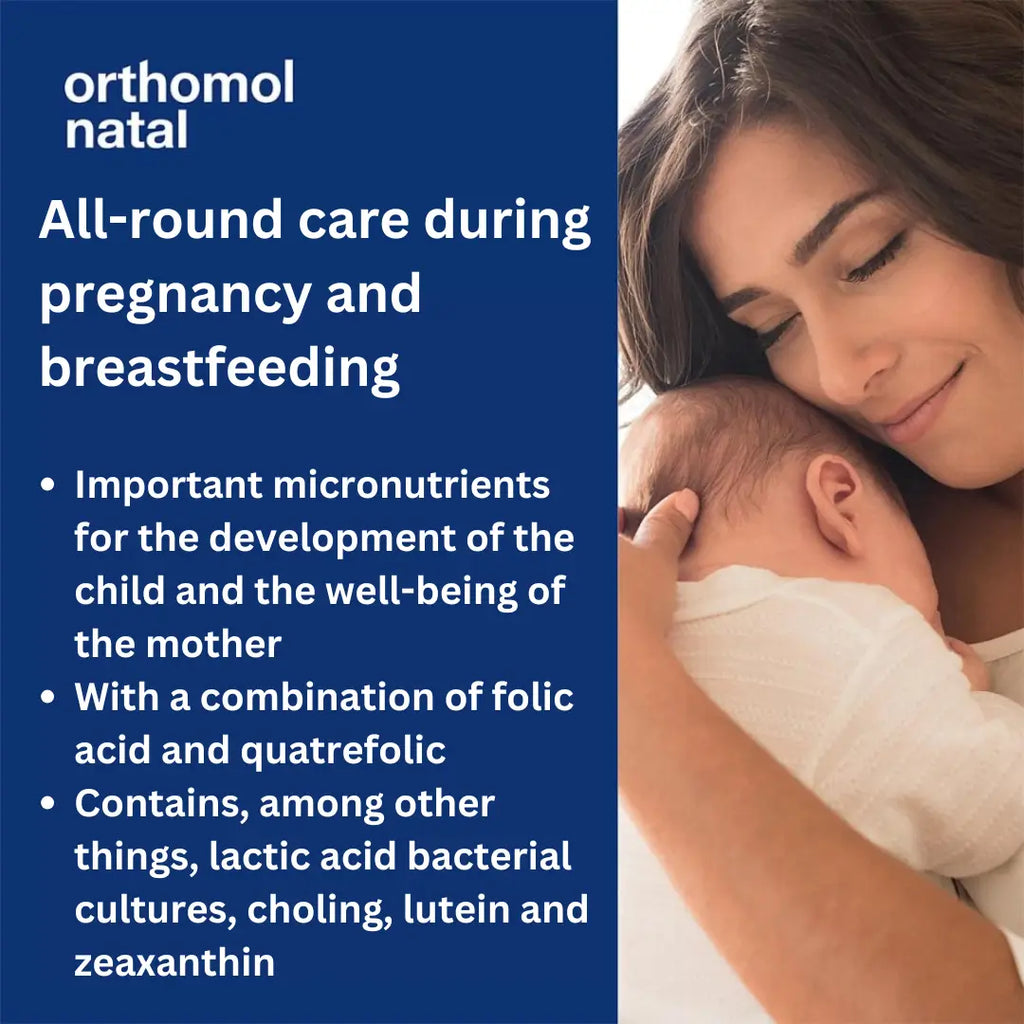 All-round care during pregnancy and breastfeeding. Important micronutrients for the development of the child and the well-being of the mother. With a combination of folic acid and quatrefolic. Contains, among other things, lactic acid bacterial cultures, choling, lutein and zeaxanthin