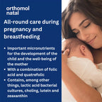 All-round care during pregnancy and breastfeeding. Important micronutrients for the development of the child and the well-being of the mother. With a combination of folic acid and quatrefolic. Contains, among other things, lactic acid bacterial cultures, choling, lutein and zeaxanthin