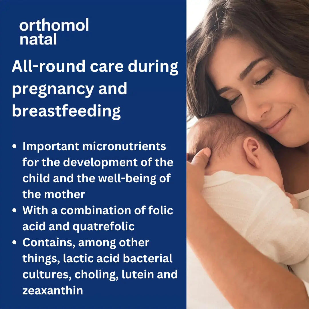 All-round care during pregnancy and breastfeeding. Important micronutrients for the development of the child and the well-being of the mother. With a combination of folic acid and quatrefolic. Contains, among other things, lactic acid bacterial cultures, choling, lutein and zeaxanthin