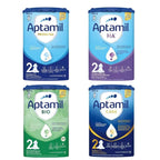 Four packages of Aptamil baby formula 2 collection on a white background