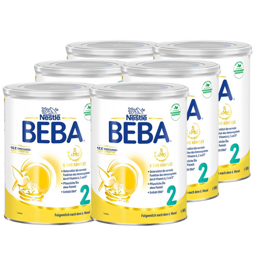 A pack of six Nestlé BEBA 2 Baby Formula Follow-on Milk cans, each labeled for 6 Months+ in a yellow and white color scheme.