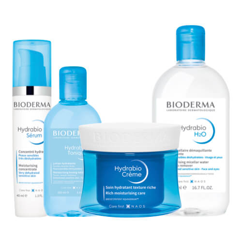 Bioderma Hydrabio is a skin care routine for dehydrated skin from cleansing to care products. Cleansing product specifically for dehydrated skin (micellar water and milk), a moisturizing serum, perfecteur with SPF 30, a rich cream and a gel cream