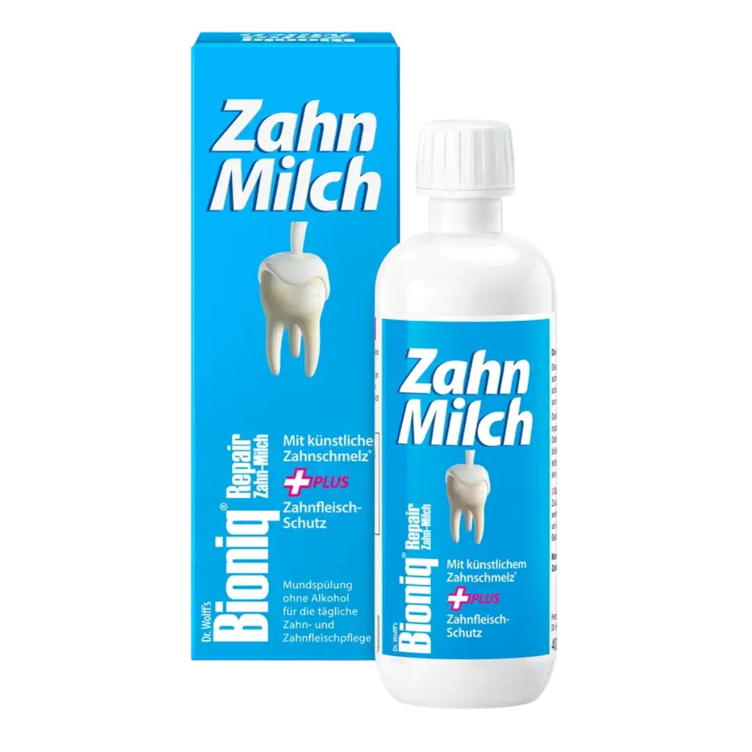 Bioniq Repair Zahn Milch dental milk product packaging with blue box and white bottle on a white background