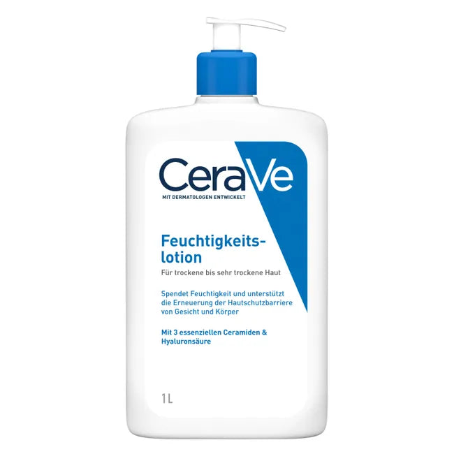 The Cerave Body Lotion 1 L bottle in front of a white background