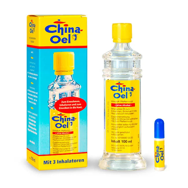China Oel Inhalers - carton box with the inhaler and bottle next to it
