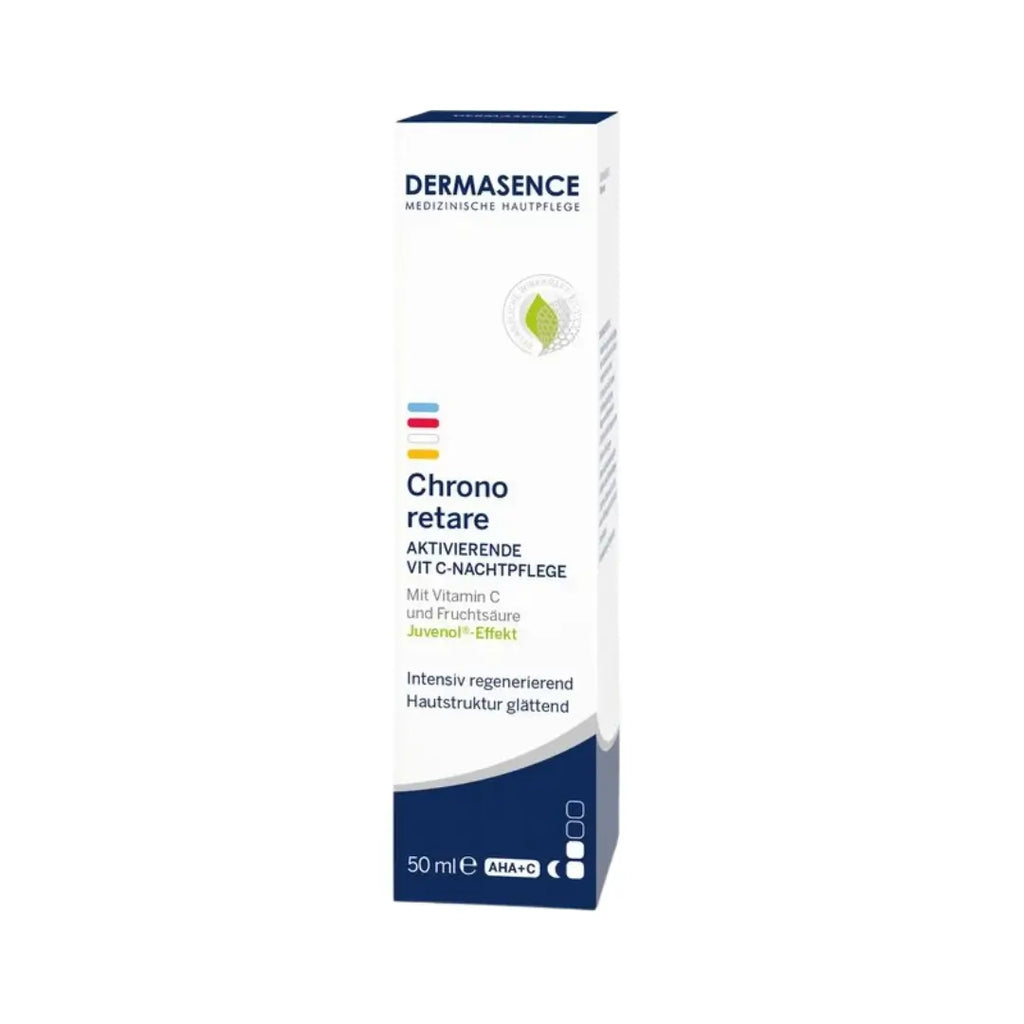 Dermasence Chrono Retare Vit C skincare product carton box packaging on a white background