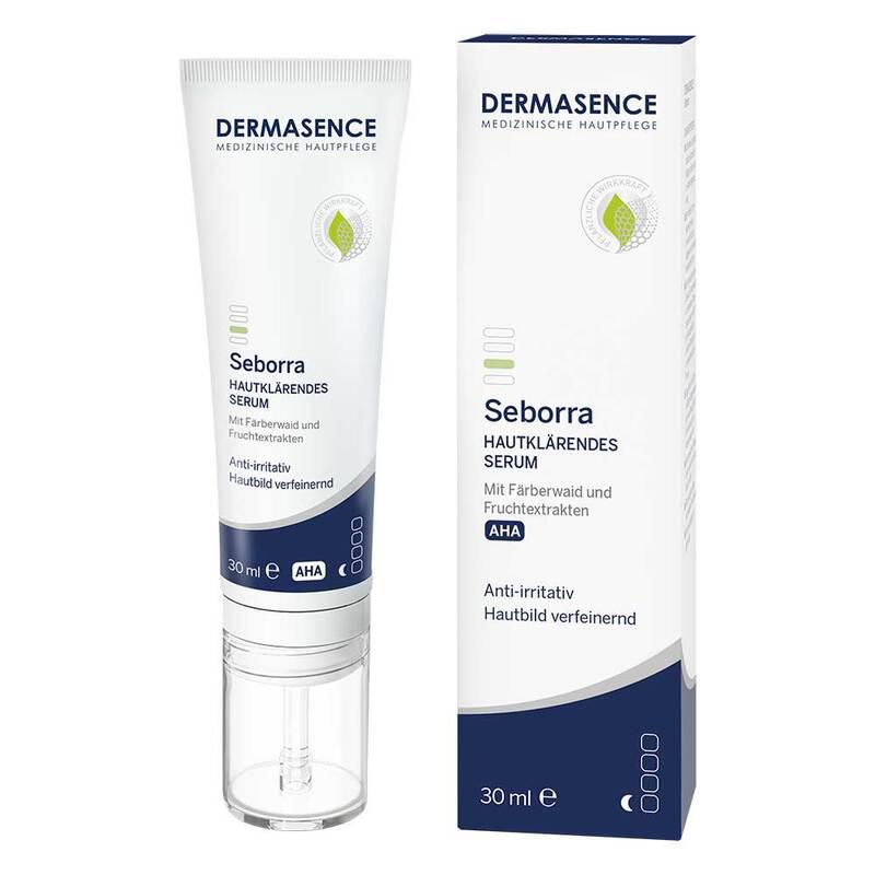 Product photo of the Dermasence tube and the carton box package standing next to each other