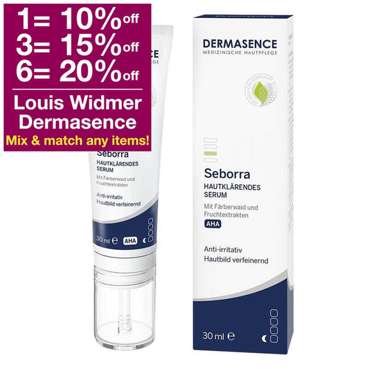 Product photo of the Dermasence tube and the carton box package standing next to each other