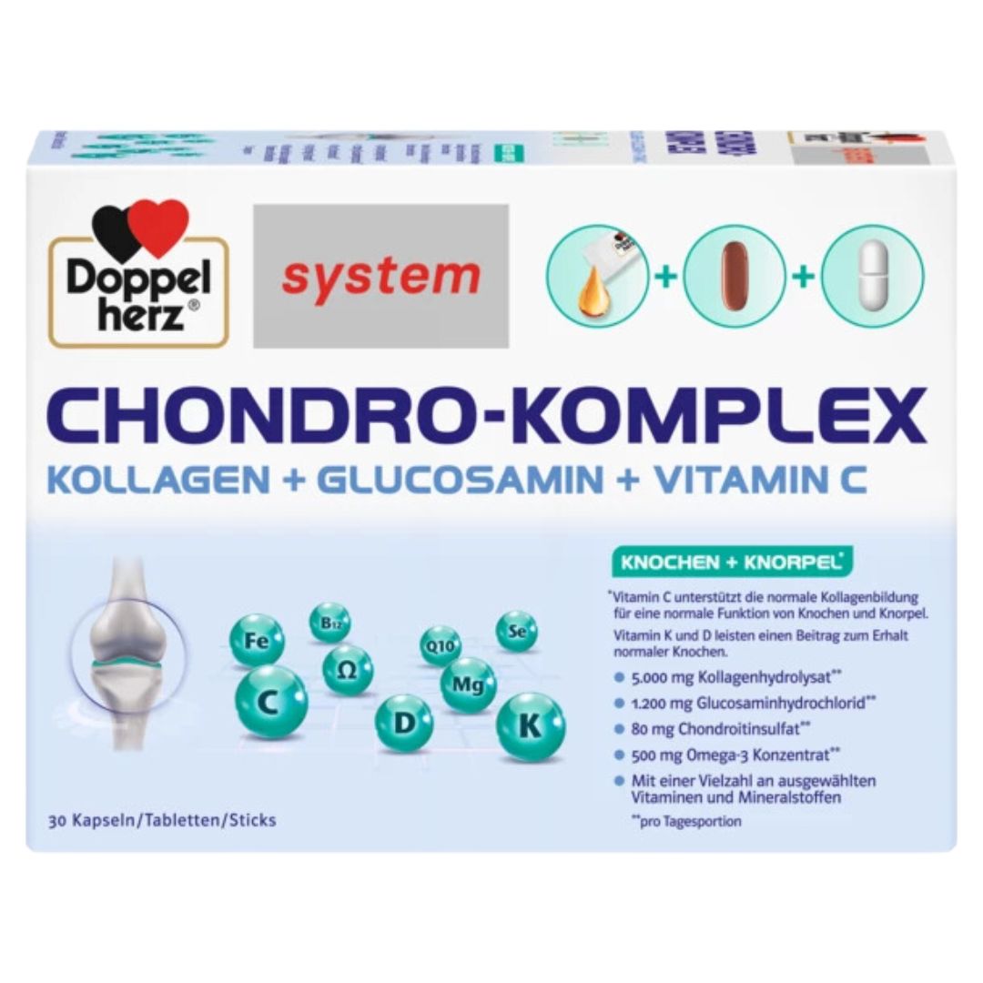 Doppelherz Chondro-Komplex Kollagen + Glucosamin + vitamin c package on a white background