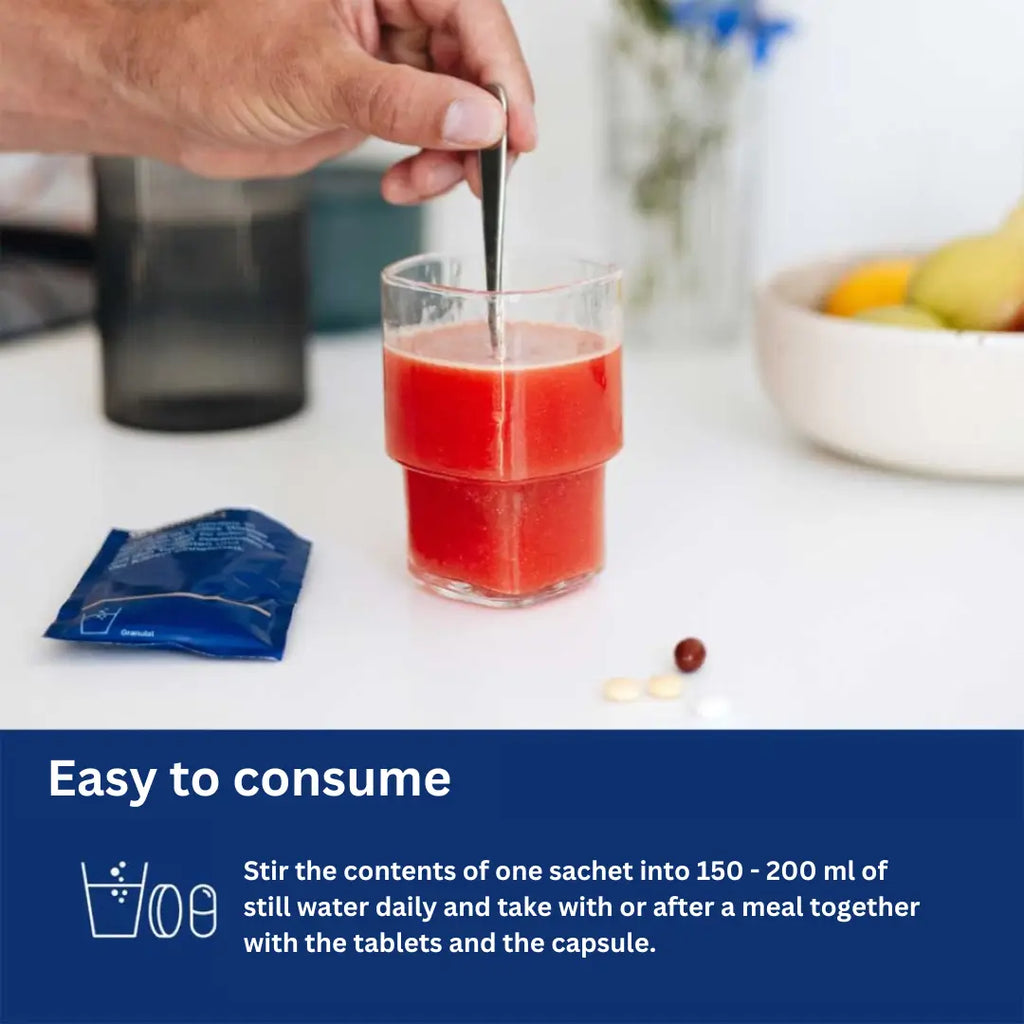 Easy to consume: Stir the contents of one sachet into 150 - 200 ml of still water daily and take with or after a meal together with the tablets and the capsule.